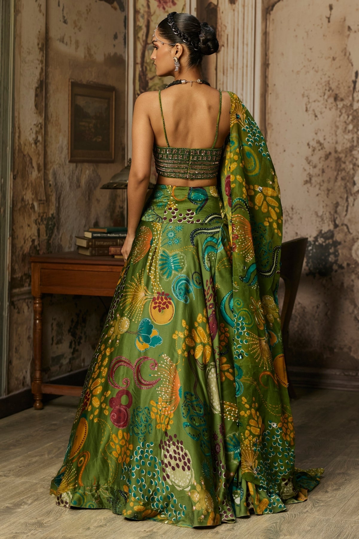 PEAR GREEN EMBROIDERED BLOUSE AND COWL SKIRT SET