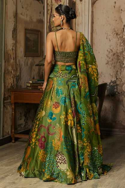 PEAR GREEN EMBROIDERED BLOUSE AND COWL SKIRT SET