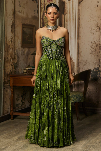PEAR GREEN PRINT AND HIGHLIGHTED CORSET GOWN