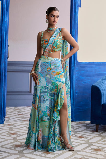 AQUA BLUE MOSAIC BLOUSE WITH RUFFLE SLIT SKIRT SAREE SET