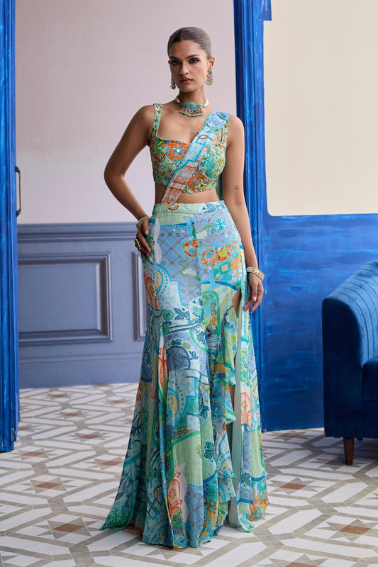 AQUA BLUE MOSAIC BLOUSE WITH RUFFLE SLIT SKIRT SAREE SET