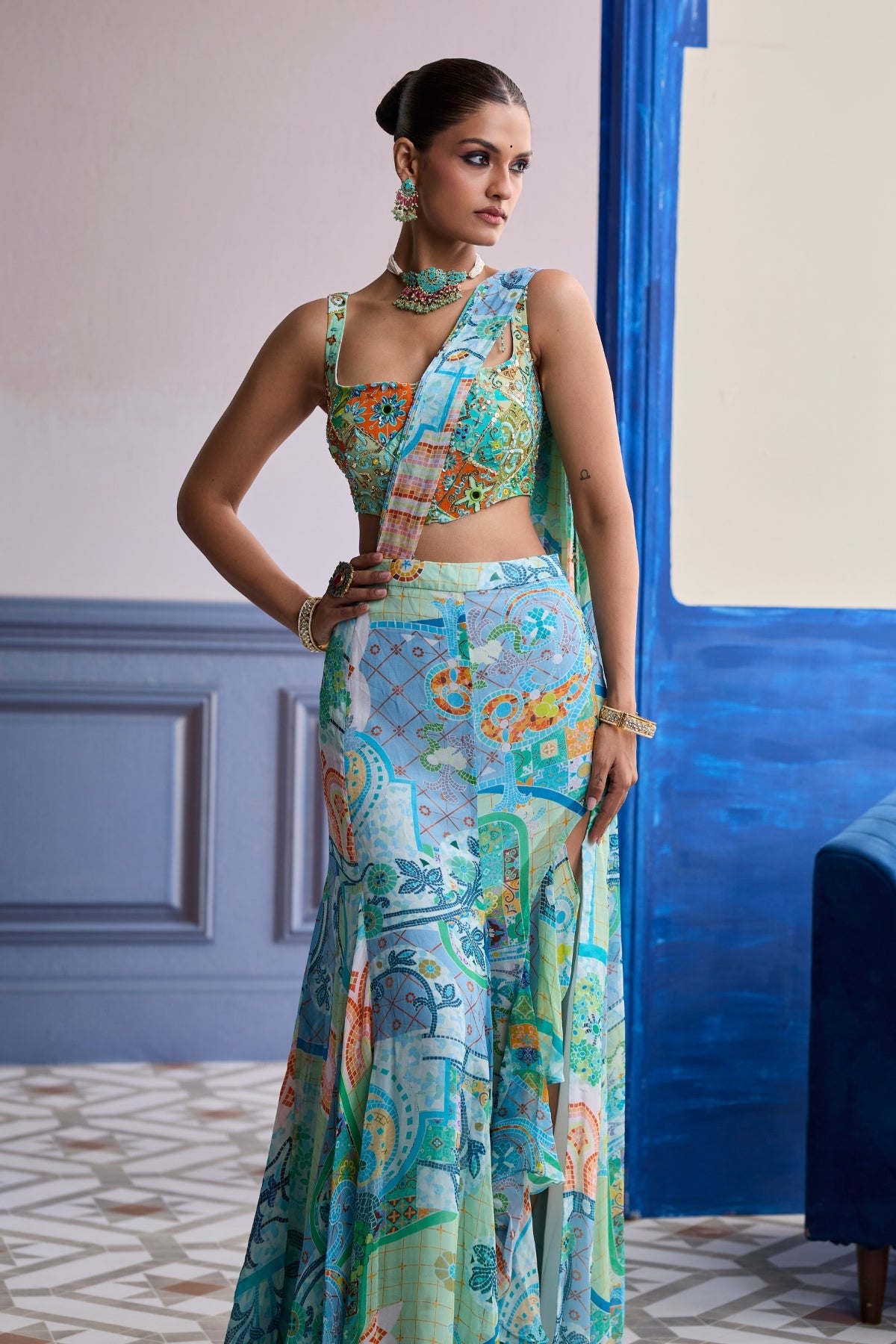 AQUA BLUE MOSAIC BLOUSE WITH RUFFLE SLIT SKIRT SAREE SET