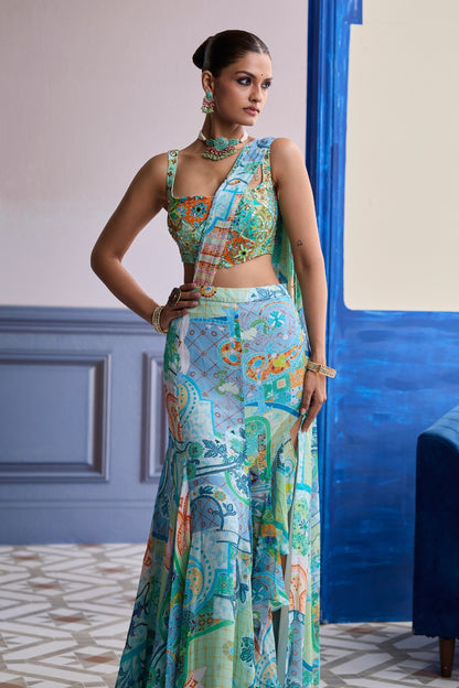 AQUA BLUE MOSAIC BLOUSE WITH RUFFLE SLIT SKIRT SAREE SET