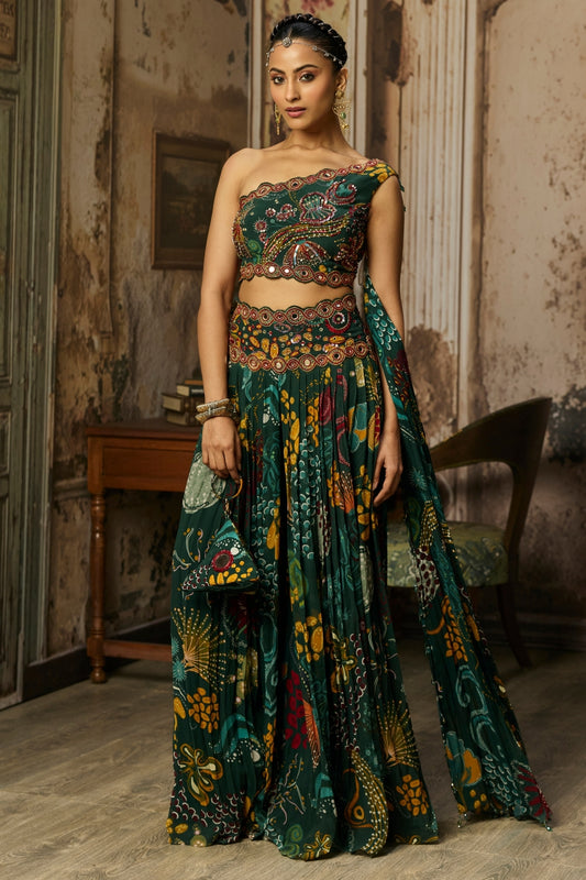 DARK GREEN PRINT AND HIGHLIGHTED PLEATED PANTS SET