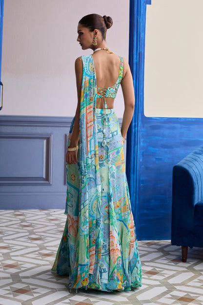 AQUA BLUE MOSAIC BLOUSE WITH RUFFLE SLIT SKIRT SAREE SET