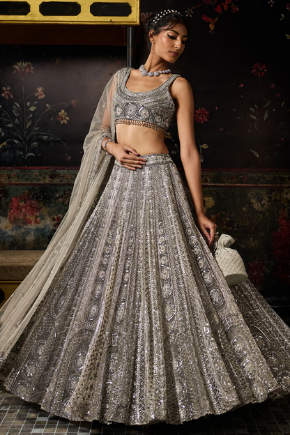 GREY GUNMETAL EMBELLISHED ARC CIRCLE LEHENGA SET