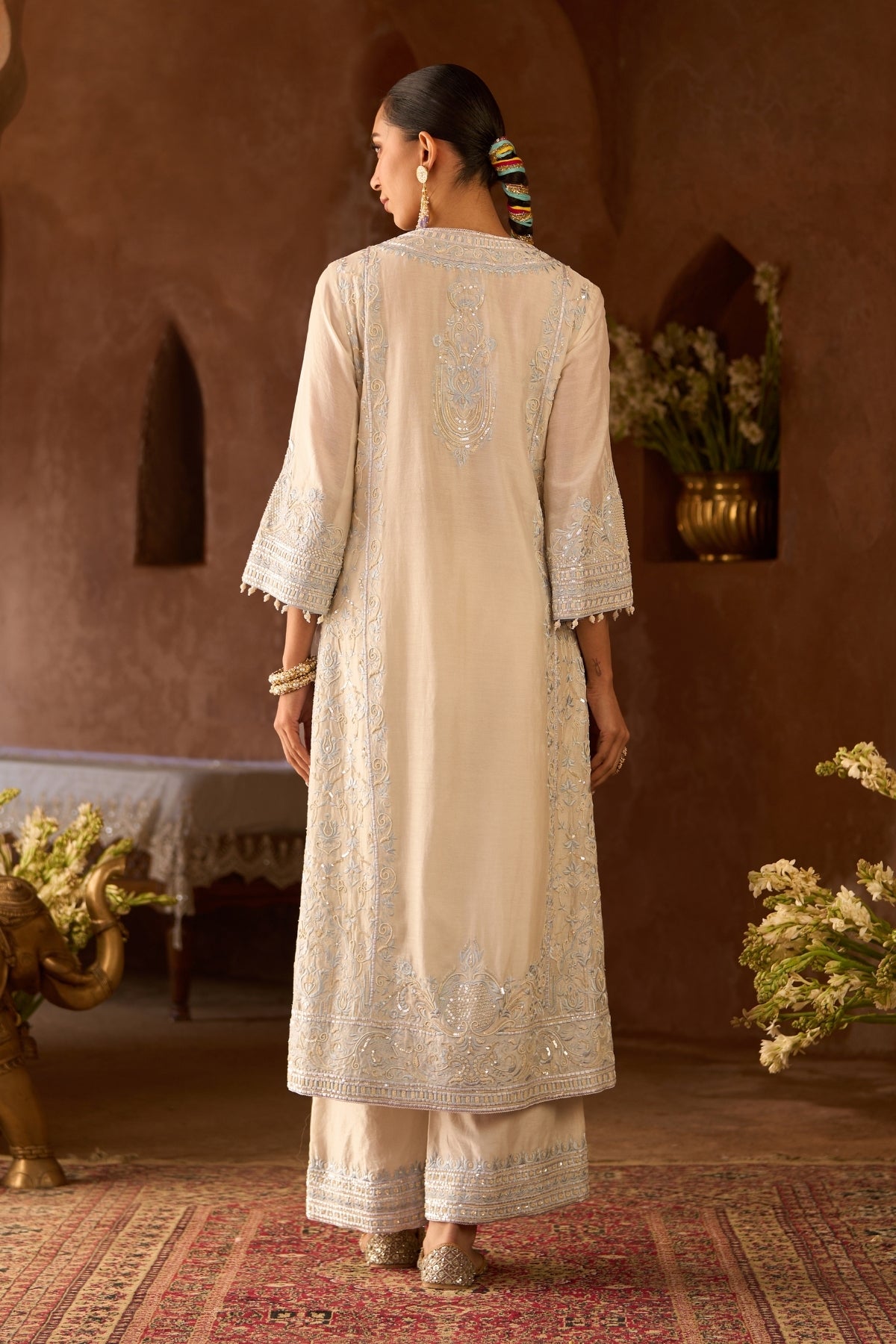 Ena - Daisy Ivory With Blue Long A-line Kurta With Palazzo And Dupatta