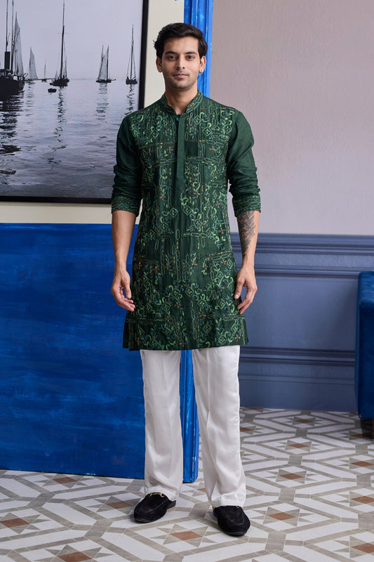 BOTTLE GREEN THREAD WORK EMBROIDERED KURTA WITH IVORY PANTS
