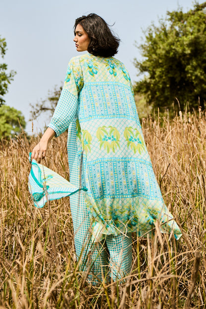 Aqua Green Printed Jacket set