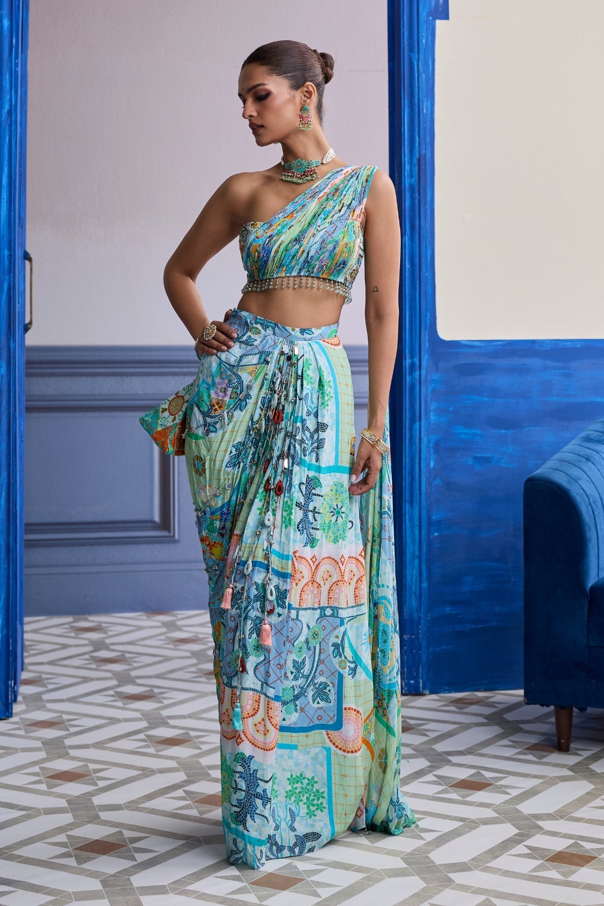 AQUA BLUE MOSAIC ONE-SHOULDER BLOUSE WITH COWL DHOTI SKIRT SET