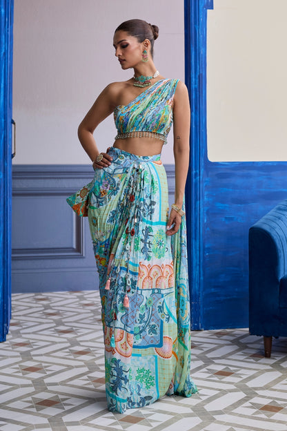 AQUA BLUE MOSAIC ONE-SHOULDER BLOUSE WITH COWL DHOTI SKIRT SET