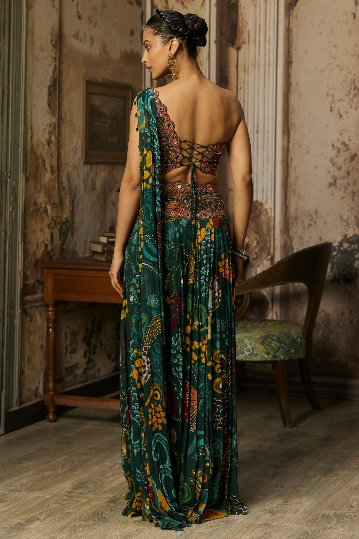 DARK GREEN PRINT AND HIGHLIGHTED PLEATED PANTS SET