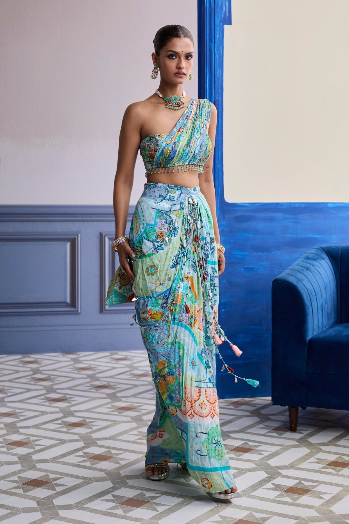 AQUA BLUE MOSAIC ONE-SHOULDER BLOUSE WITH COWL DHOTI SKIRT SET