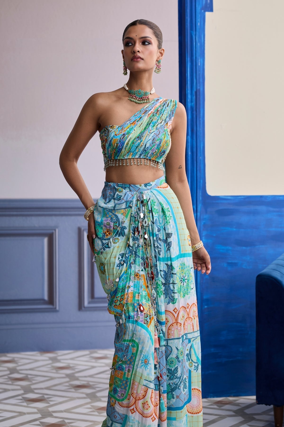 AQUA BLUE MOSAIC ONE-SHOULDER BLOUSE WITH COWL DHOTI SKIRT SET