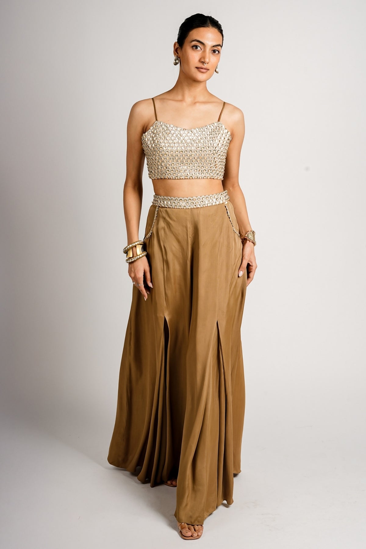 Auric Cape Jacket With Pleated Pants and Bustier