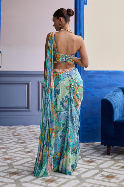 AQUA BLUE MOSAIC ONE-SHOULDER BLOUSE WITH COWL DHOTI SKIRT SET