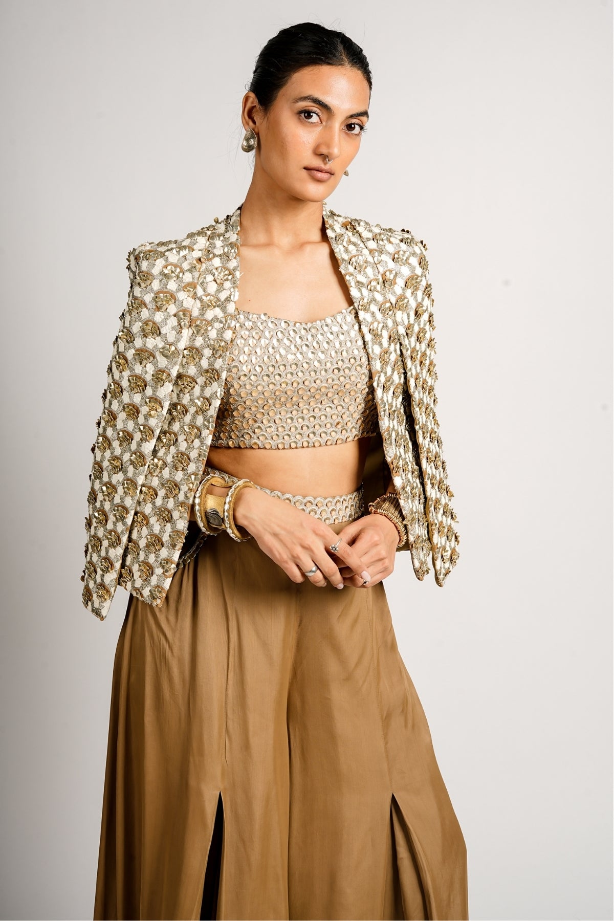 Auric Cape Jacket With Pleated Pants and Bustier
