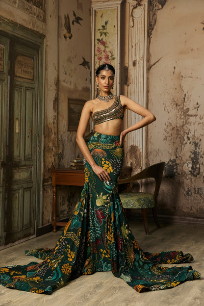 DARK GREEN EMBROIDERED BLOUSE AND FISHTAIL SKIRT SET