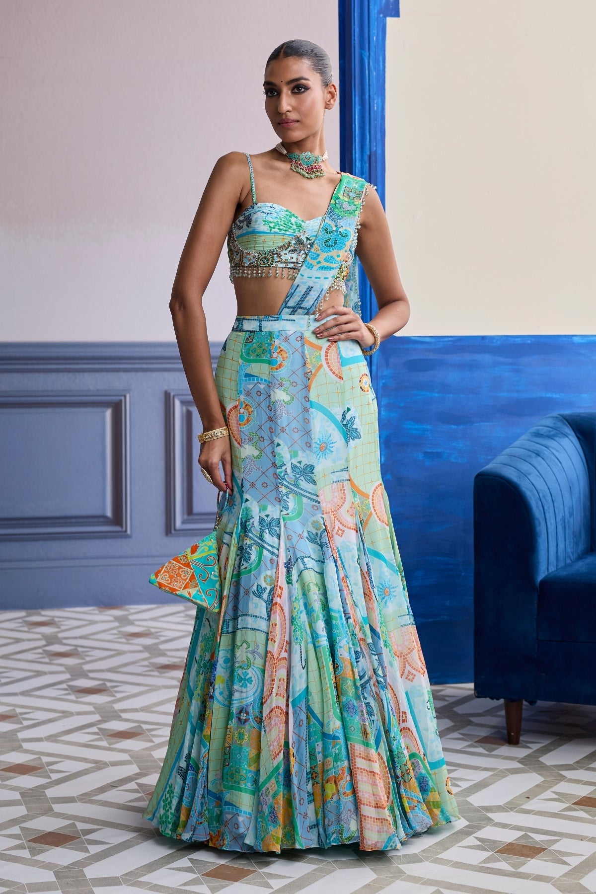 AQUA BLUE MOSAIC RUCHED BLOUSE WITH DRAPED MERMAID SAREE SET
