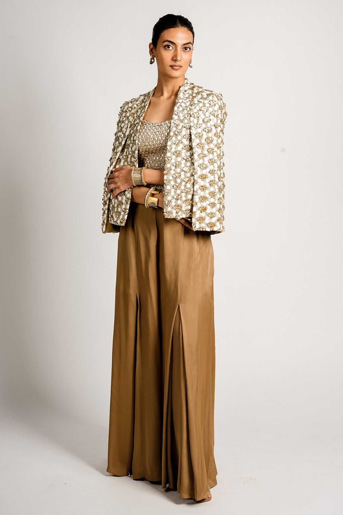 Auric Cape Jacket With Pleated Pants and Bustier