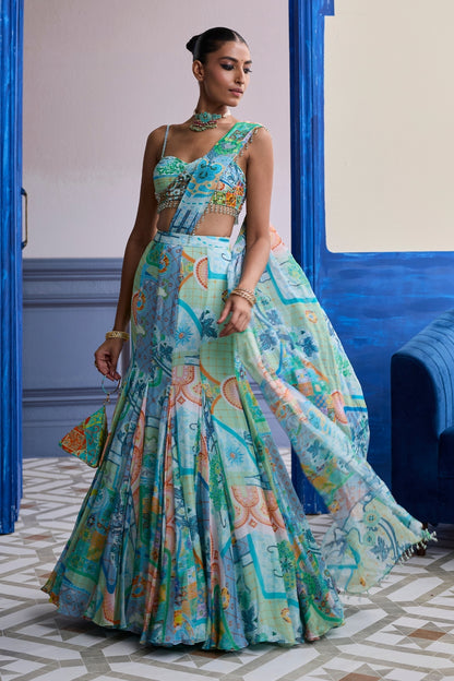 AQUA BLUE MOSAIC RUCHED BLOUSE WITH DRAPED MERMAID SAREE SET