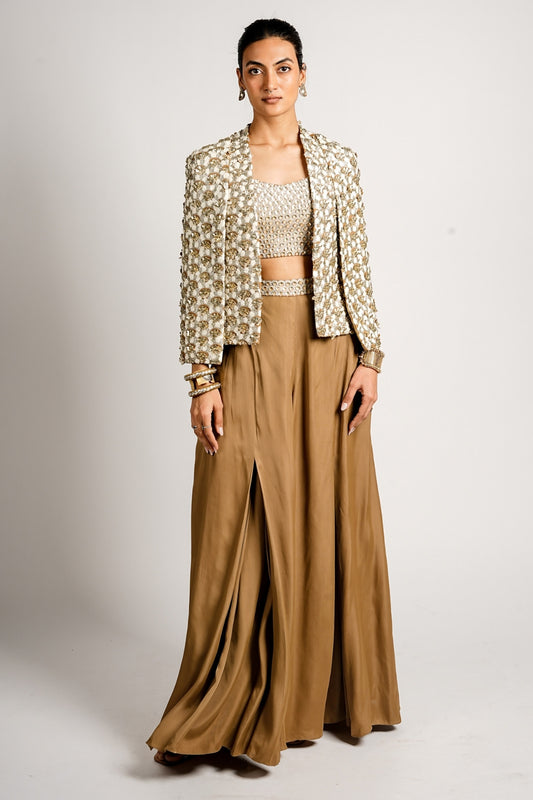 Auric Cape Jacket With Pleated Pants and Bustier