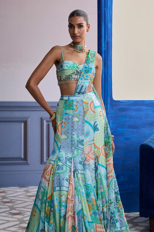 AQUA BLUE MOSAIC RUCHED BLOUSE WITH DRAPED MERMAID SAREE SET