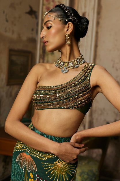 DARK GREEN EMBROIDERED BLOUSE AND FISHTAIL SKIRT SET