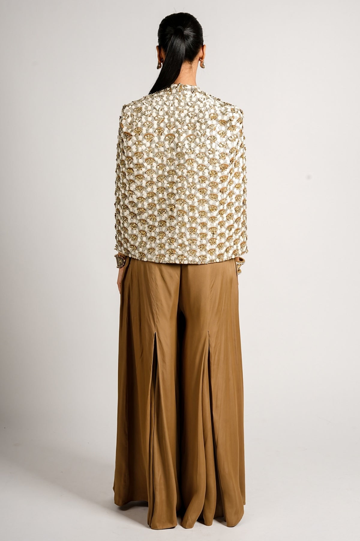Auric Cape Jacket With Pleated Pants and Bustier