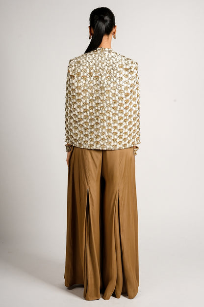 Auric Cape Jacket With Pleated Pants and Bustier