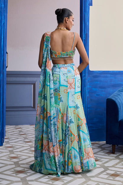 AQUA BLUE MOSAIC RUCHED BLOUSE WITH DRAPED MERMAID SAREE SET