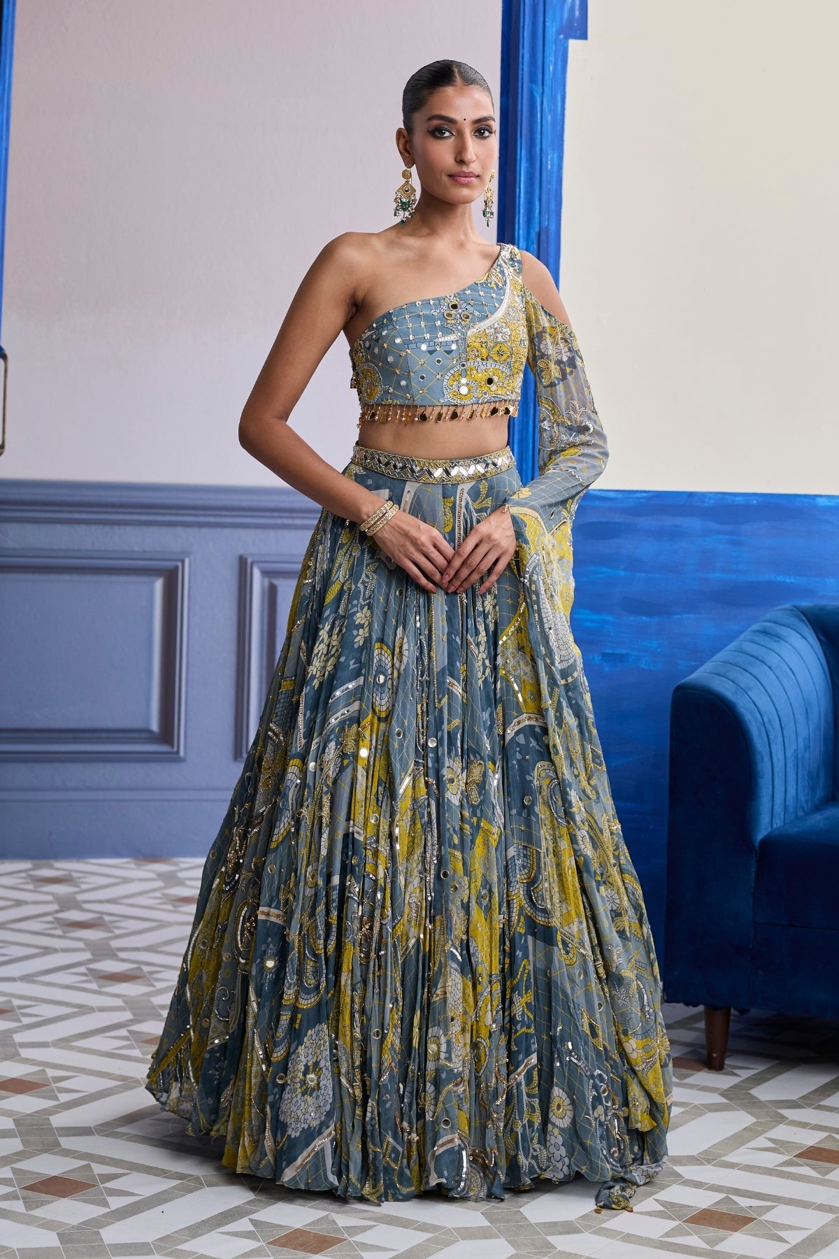 GREY MOSAIC ONE-SHOULDER BLOUSE WITH FLARED SLEEVES & LEHENGA SET