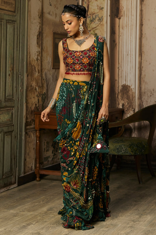 DARK GREEN PRINTED AND HIGHLIGHTED TIERED SKIRT SAREE SET