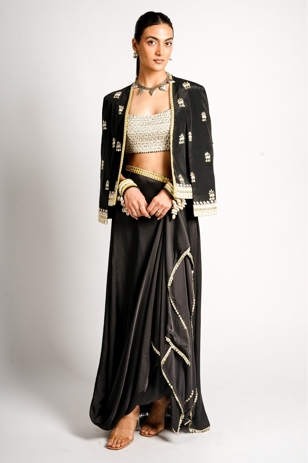Nayra Cape Jacket With Drape Skirt and Embellished Bustier