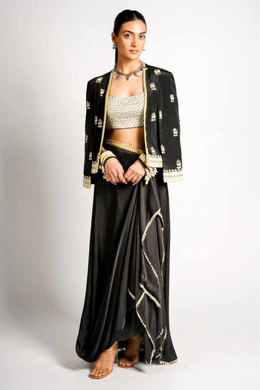 Nayra Cape Jacket With Drape Skirt and Embellished Bustier