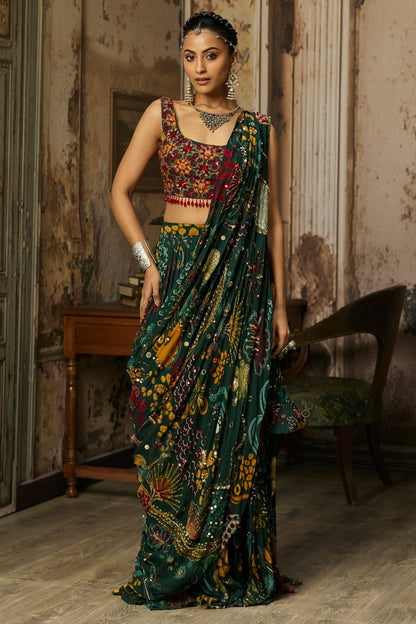 DARK GREEN PRINTED AND HIGHLIGHTED TIERED SKIRT SAREE SET