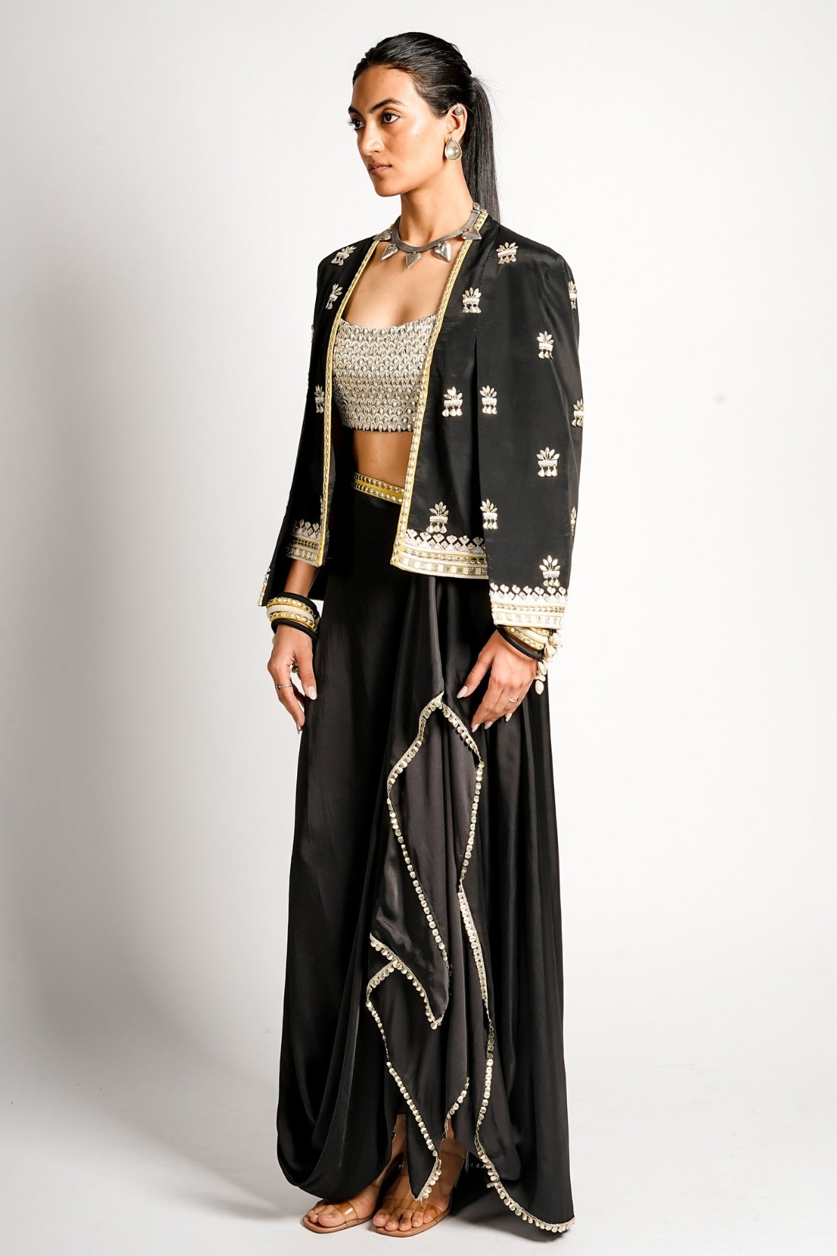 Nayra Cape Jacket With Drape Skirt and Embellished Bustier