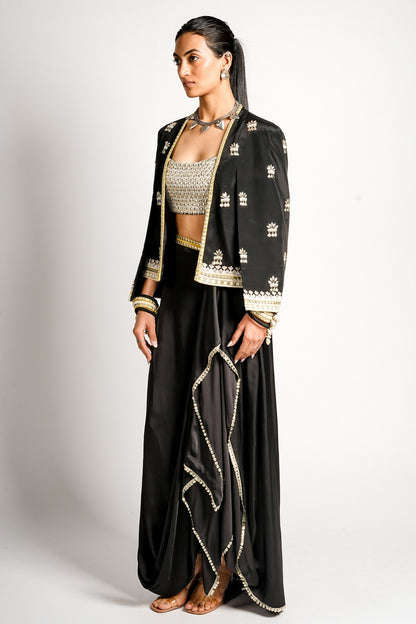Nayra Cape Jacket With Drape Skirt and Embellished Bustier