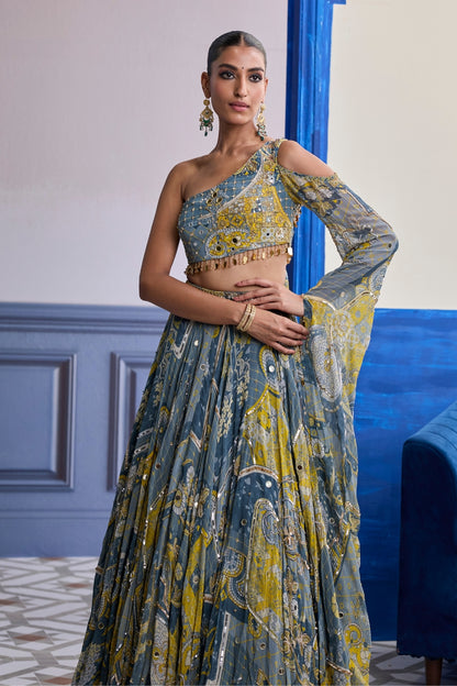GREY MOSAIC ONE-SHOULDER BLOUSE WITH FLARED SLEEVES & LEHENGA SET