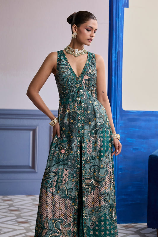 TEAL FLORAL V-NECK STRUCTURED KURTI WITH FLARED PANTS SET