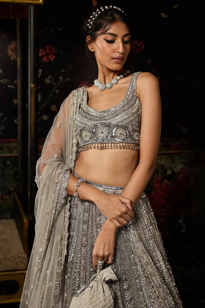 GREY GUNMETAL EMBELLISHED ARC CIRCLE LEHENGA SET