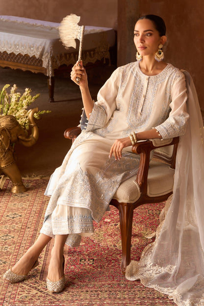 Ena - Daisy Ivory With Blue Long A-line Kurta With Palazzo And Dupatta
