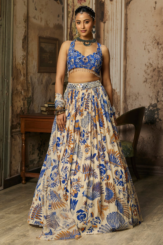 IVORY PRINTED AND HIGHLIGHTED LEHENGA SET