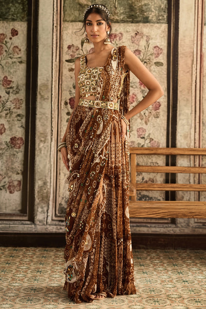 IVORY BUTTA PRINT AND HIGHLIGHTED SQUARE NECK BLOUSE WITH CARAMEL PRINT  AND HIGHLIGHTED TIERED SKIRT  SAREE SET