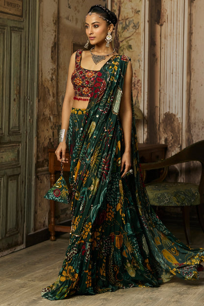 DARK GREEN PRINTED AND HIGHLIGHTED TIERED SKIRT SAREE SET