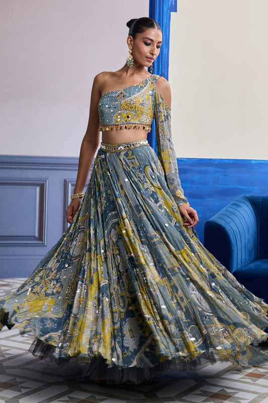 GREY MOSAIC ONE-SHOULDER BLOUSE WITH FLARED SLEEVES & LEHENGA SET