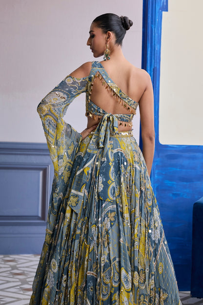 GREY MOSAIC ONE-SHOULDER BLOUSE WITH FLARED SLEEVES & LEHENGA SET
