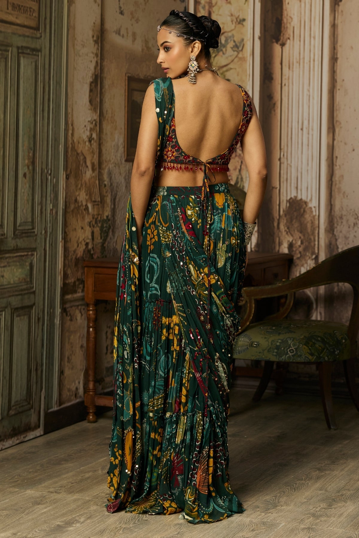 DARK GREEN PRINTED AND HIGHLIGHTED TIERED SKIRT SAREE SET