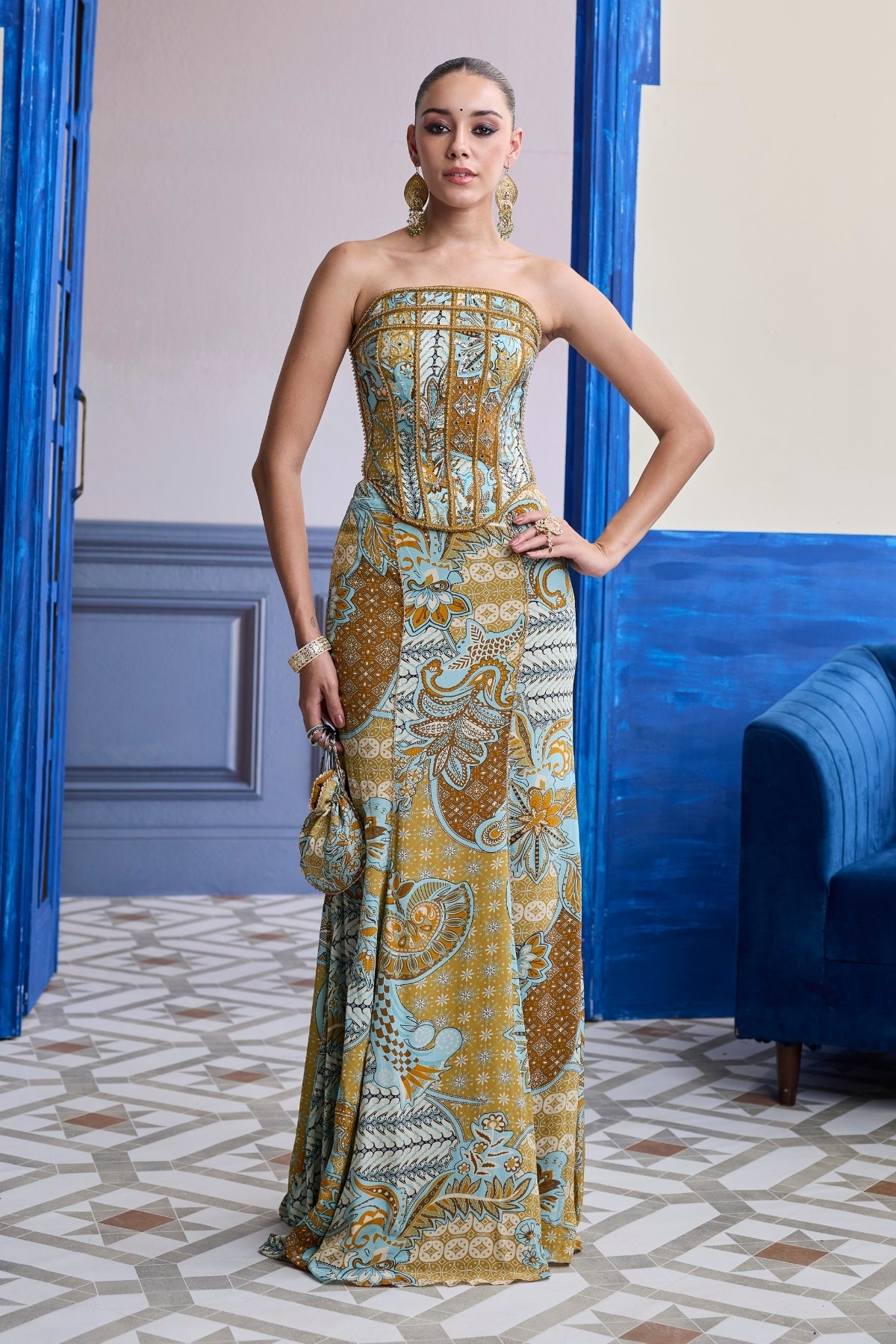 YELLOW STRUCTURED CORSET WITH BEADED MERMAID SKIRT SET