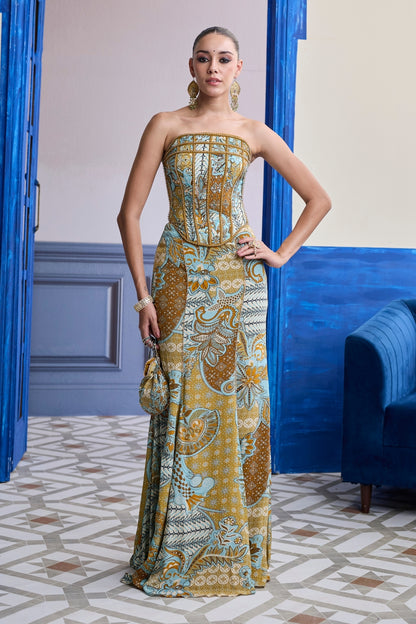 YELLOW STRUCTURED CORSET WITH BEADED MERMAID SKIRT SET